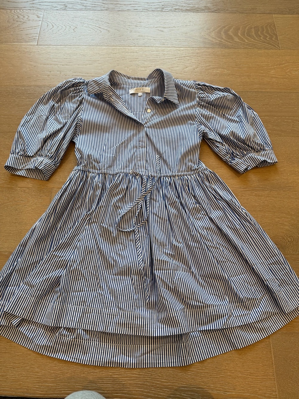 HUNTER BELL Blue and White Stripe Puff-Sleeve Shirt Dress